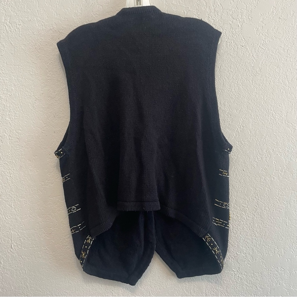 Claudia D Holiday Vest Womens XL Black Knit Gold Bead Button Front Vintage - Picture 8 of 9